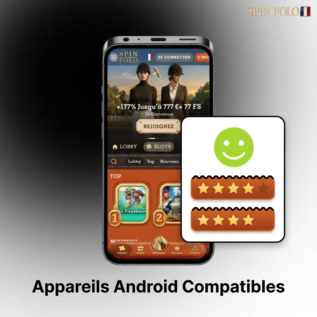 Liste des appareils Android compatibles avec l'application Spinpolo, incluant Samsung, Xiaomi, Oppo et Google Pixel