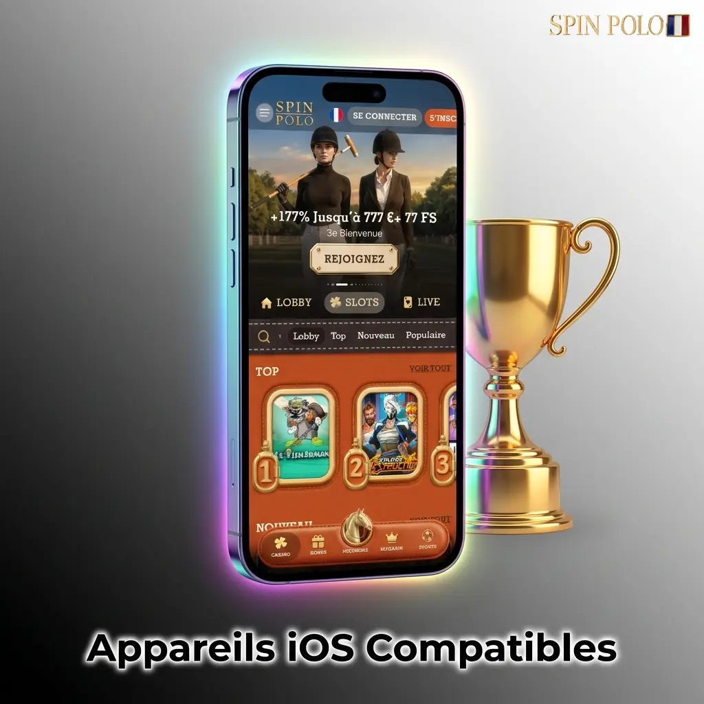 Liste des appareils iOS compatibles avec l'application Spinpolo, incluant iPhone X à 15 et iPad Air et Pro récents.
